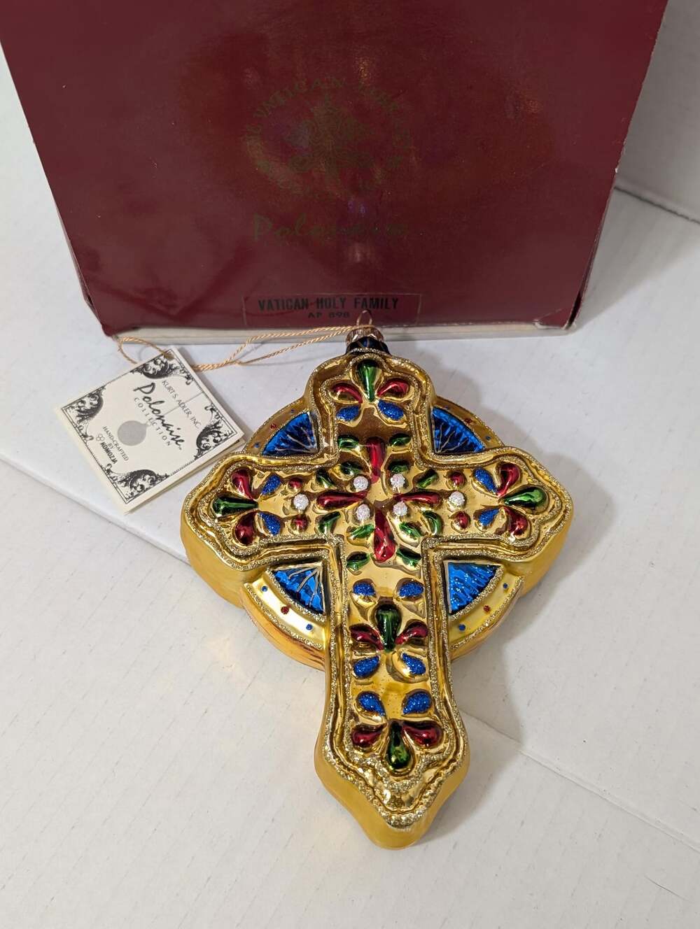 Vintage Kurt Adler Polonaise Vatican Library Cross Glass Ornament AP898 Boxed